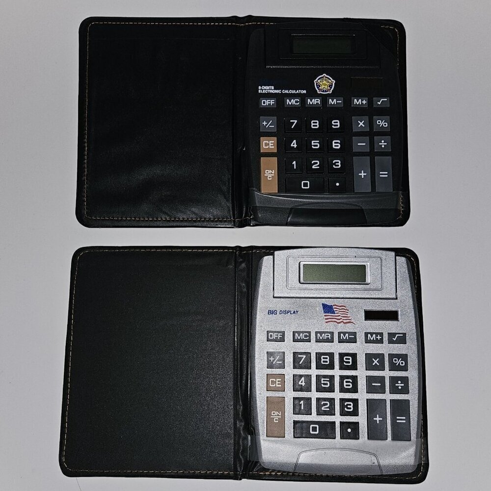 2 Big Display 8-Digits Electronic Calculator Lot In Folding Cases TESTED